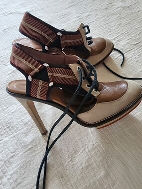 Derek Lam Beige, Tan & Brown Lace-Up Slingback Heels